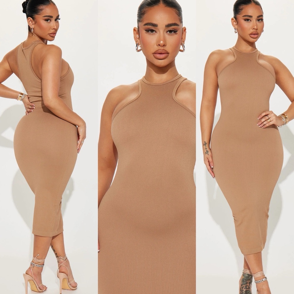 NWT Fashion Nova women’s tan halter ribbed style stretch bodycon dress size S